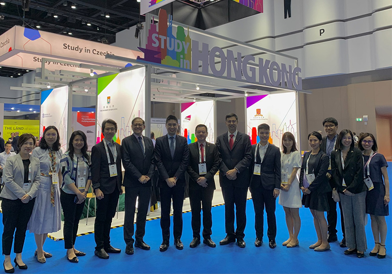  Prof James Tang, the Secretary-General of the University Grants Committee (fifth from the right), and the representatives of the eight UGC-funded universities attending the APAIE 2023 Annual Conference and Exhibition to promote study opportunities in Hong Kong.